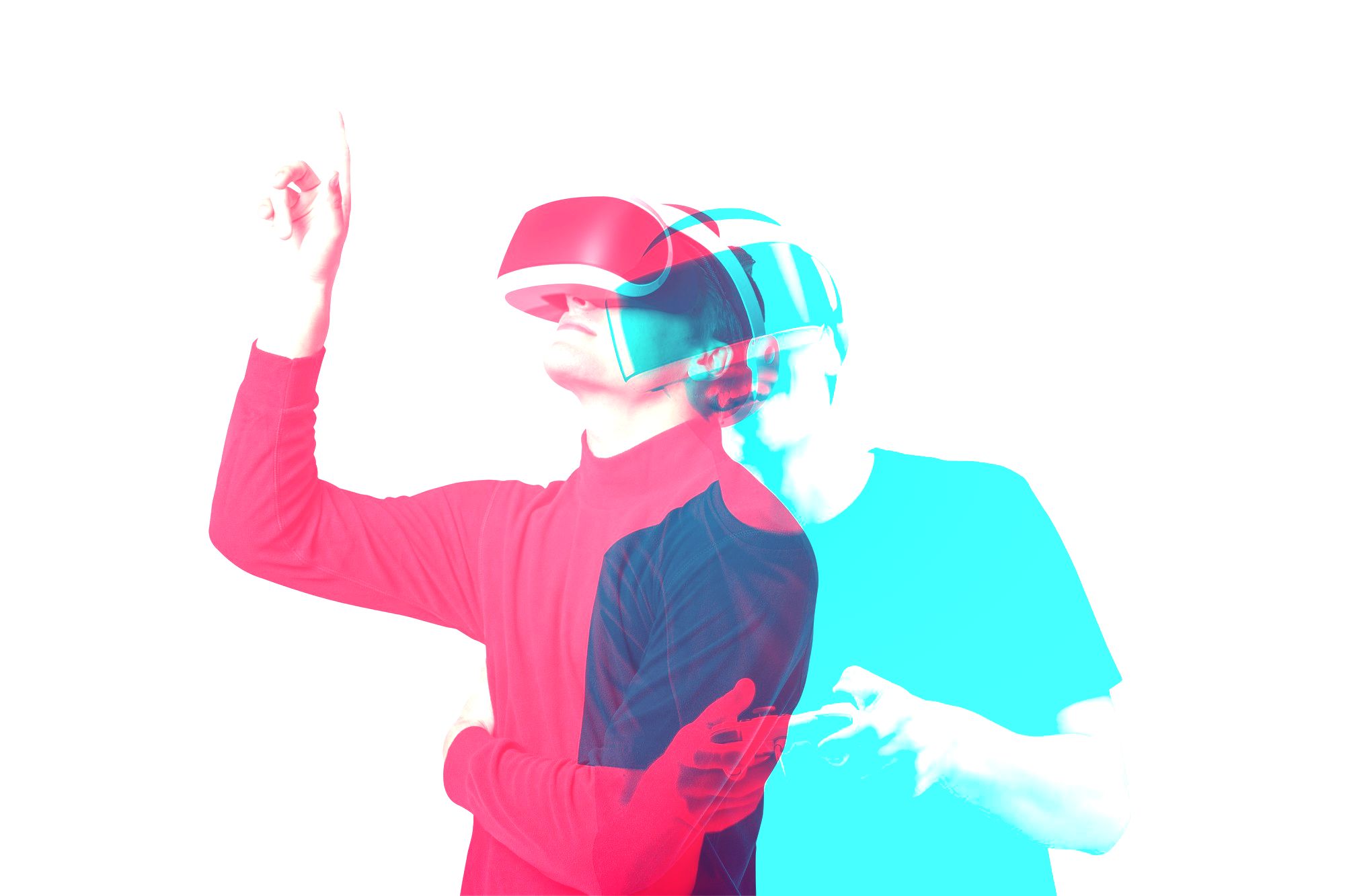 Illustration duotone d'un homme portant un caque de réalité augmenté